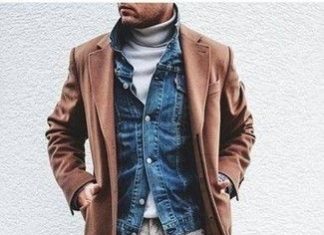 smart casual dress code men : Men’s Brown Overcoat, Blue Denim Jacket, White Turtleneck, Grey Wool Dress Pants