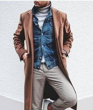 smart casual dress code men : Men’s Brown Overcoat, Blue Denim Jacket, White Turtleneck, Grey Wool Dress Pants