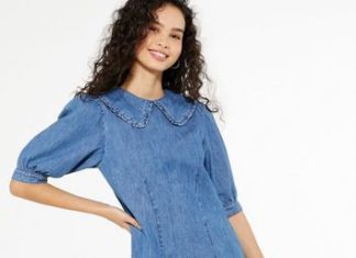 planet fitness dress code : Blue Denim Puff Sleeve Collared Dress New Look