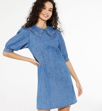 planet fitness dress code : Blue Denim Puff Sleeve Collared Dress New Look