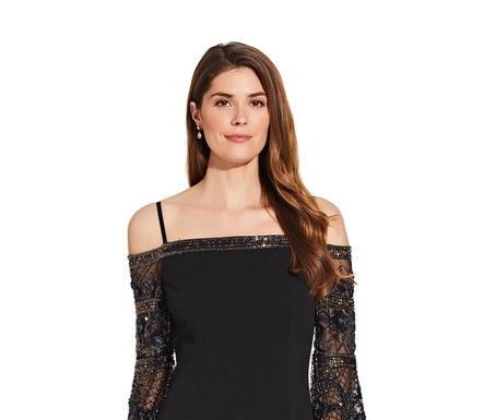 black tie dress code women : Adrianna Papell | Black Women’s Cold Shoulder Beaded Crepe Long Formal D