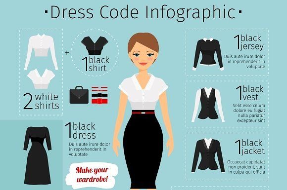 business professional dress code : Business woman clothes infographics