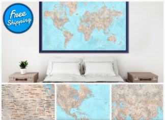 capital grille dress code : Custom world map print – highly detailed map with cities in light blue and brown watercolor. “Henry”