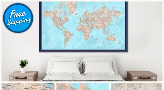 capital grille dress code : Custom world map print – highly detailed map with cities in light blue and brown watercolor. “Henry”