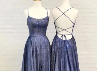 dress code policy : Robe de soirée à lacets dos nu en satin bleu simple, robe de soirée par sweetheart dress