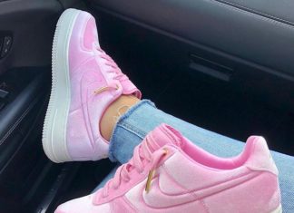 nike air force 1 pink : Pink Velvet Nike Air Force 1 sneakers.