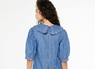 planet fitness dress code : Blue Denim Puff Sleeve Collared Dress New Look