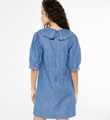 planet fitness dress code : Blue Denim Puff Sleeve Collared Dress New Look