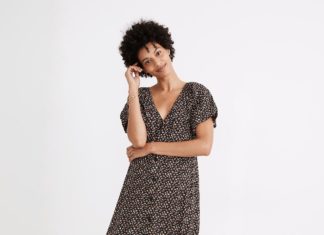 dress code clothing : Bubble-Sleeve Button-Front Midi Dress in Adorable Ditsy