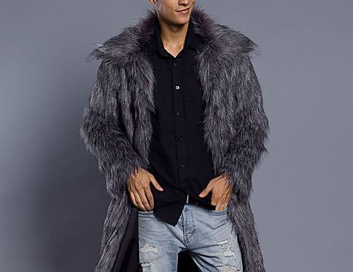 dress code types : Men’s Fall Shirt Collar Fur Coat Long Solid Colored Daily Plus Size Long Sleeve Faux Fur White Black Silver Brown S M L XL / Winter