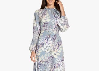 formal dress code : Adrianna Papell Watercolour Floral Knee Length Dress, Dusty Blue/Multi