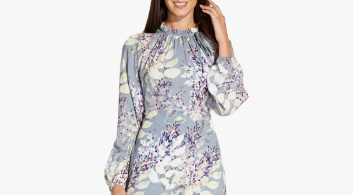 formal dress code : Adrianna Papell Watercolour Floral Knee Length Dress, Dusty Blue/Multi