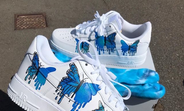 nike air force 1 kids : Custom Unisex Blue Butterfly Drip Nike Air Force 1