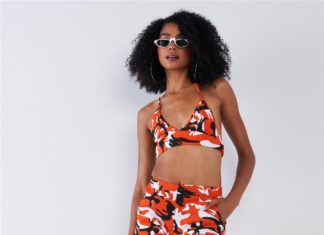 nike air force women : Orange Camouflage High Waisted Parachute Jogger Pant Triangle Halter Crop Top Two Piece Set – Small
