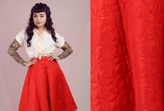 red dress promo code : 60s RED QUILTED skirt XS / high waist full skirt red satin full skirt quilted midi skirt cottage ski