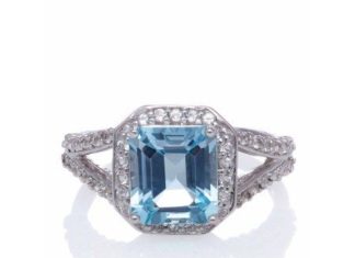 walmart dress code 2021 : Blue Topaz Emerald-Cut Halo with White Topaz Sterling Silver Split Shank Ring, Size 7