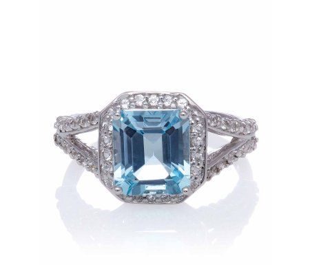 walmart dress code 2021 : Blue Topaz Emerald-Cut Halo with White Topaz Sterling Silver Split Shank Ring, Size 7
