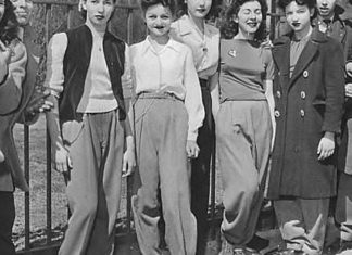 high school dress code : Protesting the high school dress code that banned slacks for girls, Brooklyn c.1940