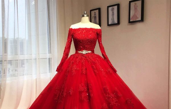 red dress coupon code : Red Ball Gown Wedding Bridal Dress Gown Full Sleeves Off Shoulders… ($1,058) …