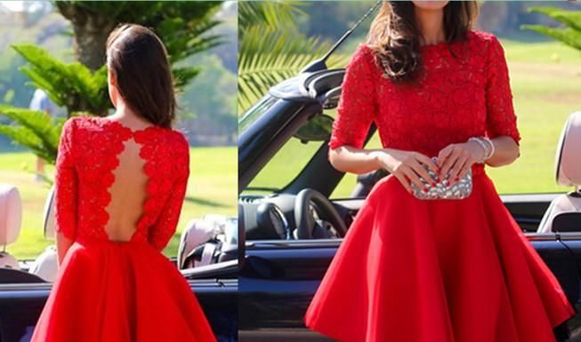 red dress discount code : Short Formal Dress Red Formal Dress Red Prom Dress Lace Prom Dress With 1/2 Sleeves,MA095